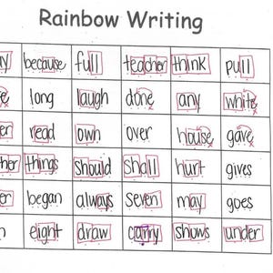 May include: A worksheet with the words "Rainbow Writing" at the top. The worksheet is divided into a grid with 6 rows and 7 columns. Each cell contains a word written in black ink. The words are: away, because, full, teacher, think, pull, more, long, laugh, done, any, white, water, read, own, over, house, gave, another, things, should, shall, hurt, gives, better, began, always, seven, may, goes, even, eight, draw, carry, shows, under.