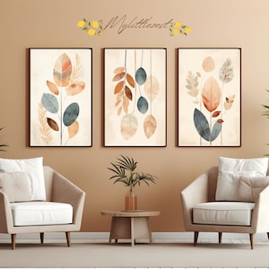 3 druckbare digitale Bilder Moderner minimalistischer Boho-Stil, zeitgenössisches Wandkunst-Triptychon, botanisches tropisches Palmblatt