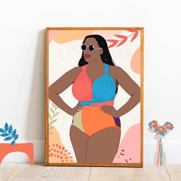 BELLE & FIER, Printable digital image African woman with shapes, minimalist print boho fashion, contemporary and modern Art Deco.