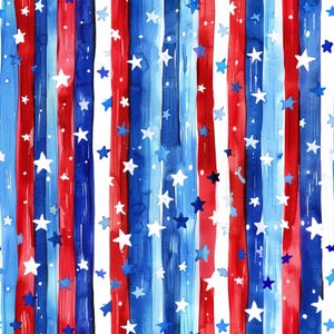 May include: Watercolor pattern with red and blue stripes and white stars. The stripes are painted in a vertical direction and the stars are scattered throughout the pattern.