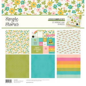 May include: A Simple Stories 12x12 Simple Set for St. Patrick's Day, featuring patterned paper and stickers. The set includes various designs with flowers, rainbows, and St. Patrick's Day themed elements. The text on the set reads "Happy St. Patrick's Day".