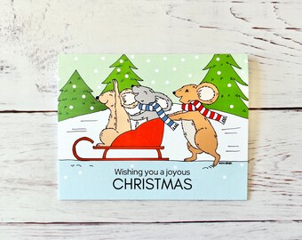Joyous Mice Christmas Card, Mice Sledding On Snow