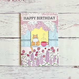 Pink Blossom Cat, Birthday Card