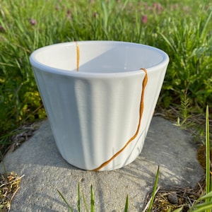 May include: White ceramic planter with a gold glaze design. The planter has a ribbed texture and is sitting on a rock.