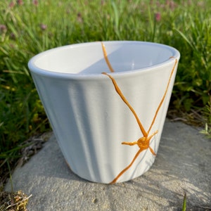 May include: White ceramic planter with a gold crackle design. The planter is sitting on a rock with green grass in the background.