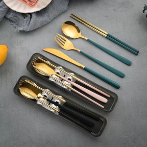 5 in 1 Silver Cutlery set kit, portable utensils, compact silverware, Reusable, Eco Friendly, 304 stainless steel