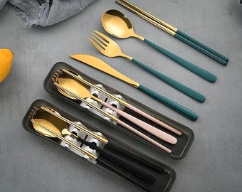 5 in 1 Silver Cutlery set kit, portable utensils, compact silverware, Reusable, Eco Friendly, 304 stainless steel