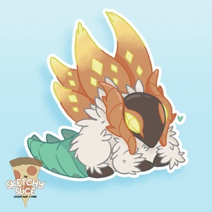 May include: A cartoon illustration of a green, orange, and white creature with a heart-shaped design. The creature has a large, orange, spiky head with yellow eyes and a black face. The creature is lying on its stomach with its wings spread out behind it. The text "The Sketchy Slice" is visible in the bottom left corner of the image.