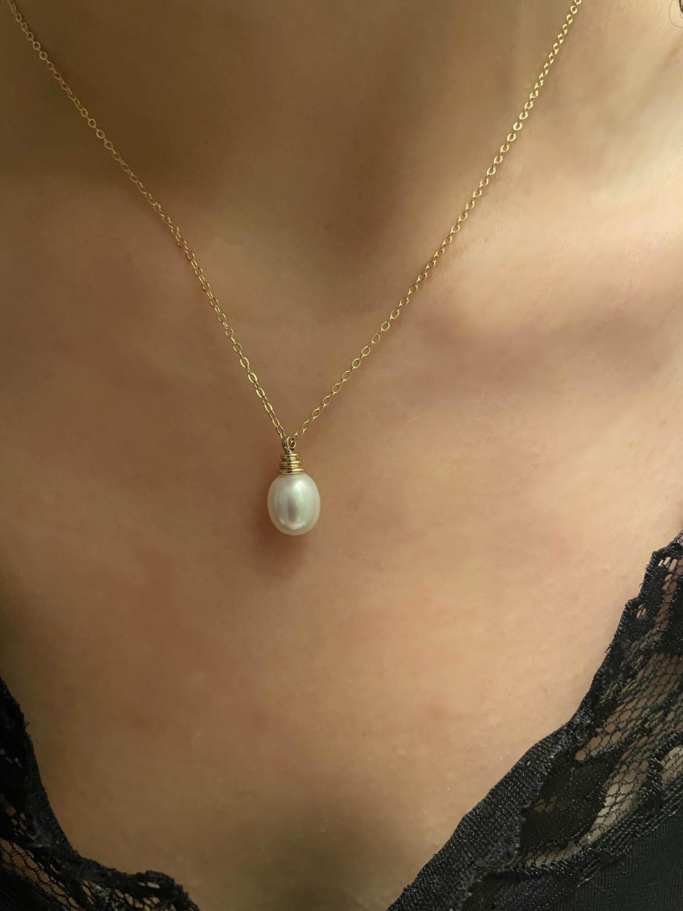 Minimalist Teardrop Pearl Pendant Necklace, Dainty 14k 18k