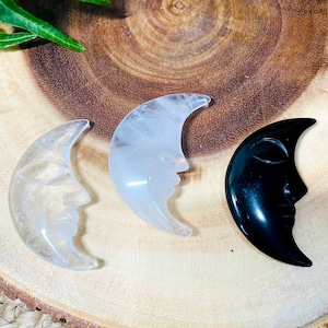 Crystal Crescent MOON Carving | Clear Quartz | Rose Quartz | Black Obsidian | Crystal Healing