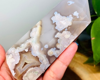 Sakura Flower Agate Crystal Tower: Druzy Quartz, Blue Lace (260 Grams)