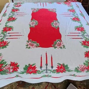 Vintage 1960s Christmas Tablecloth - Midcentury - Linen - 64&quot; x 50&quot; - Mint Condition