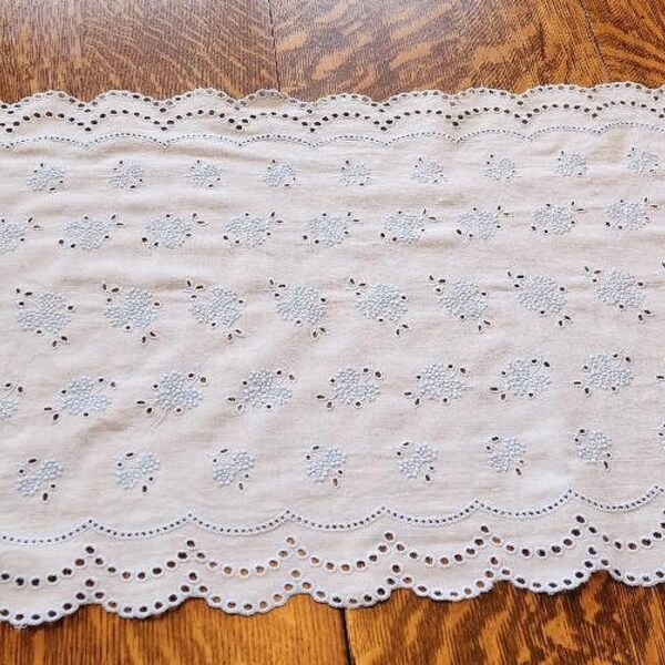 Vintage Eyelet Dresser Scarf Table Runner - Embroidered with Blue Thread - Near mint Condition