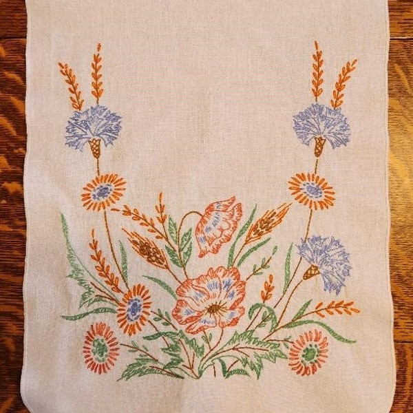 Vintage Dresser Scarf Table Runner with Blue and Orange Wild Flowers - Mint Condition - 33.5" x 12"