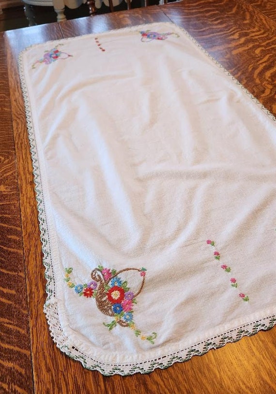 vintage embroidered dresser scarves Vintage Embroidered Floral Table Scarf - Colorful Handstitched Kitchen  Cloth 37x11