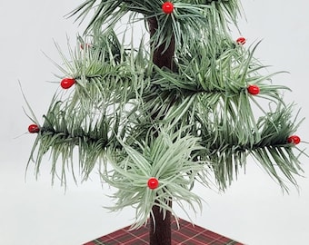9&quot; Miniature Feather Tree - Seafoam Green Soft Feathers - 3 rows - Paper Mache Holiday Paper Base - Red Berries