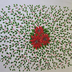 Vintage 1950s Christmas Tablecloth - Cotton - 62&quot; x 50&quot; - Near Mint Condition