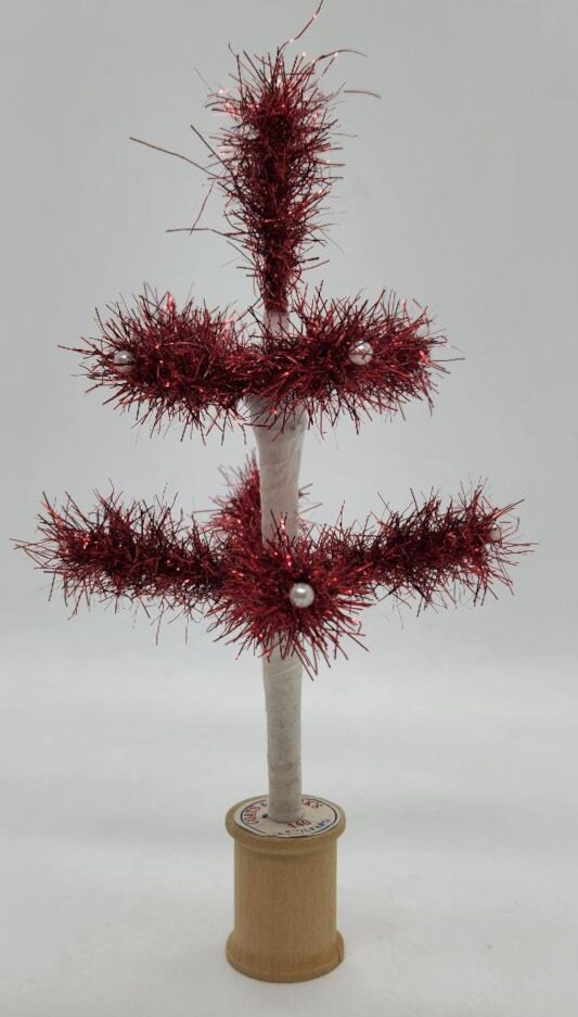 7" Miniature Red Tinsel Tree - 2 rows - Spool base - Pearl Berries