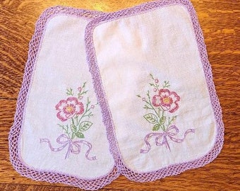 Vintage Embroidered Doilies - Hand Embroidery - Purple Crocheted Edging - Set of 2 - 13.5" x 9"