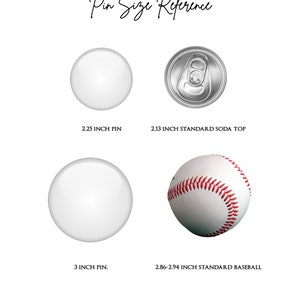 May include: A visual guide to pin sizes, showing a 2.25 inch pin, a 2.13 inch standard soda top, a 3 inch pin, and a 2.86-2.94 inch standard baseball.