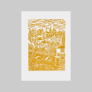 Melusine's River - Stampa originale su linoleum - Inchiostro giallo senape - Carta da 700 g/m2