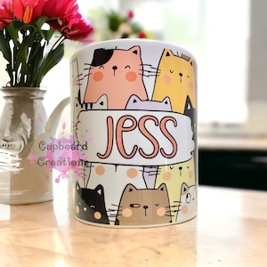 Personalised Cute Cat Printed Mug , Mothers Day, Birthday, Cute Gift