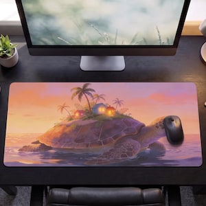 May include: A rectangular desk mat featuring a colourful illustration of a large sea turtle swimming in the ocean. On the turtle's shell, there is a small tropical island with palm trees and two glowing houses under a soft orange and pink sunset sky.