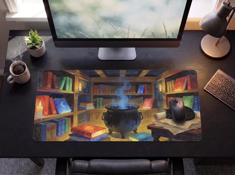 Witch Library Desk Mat, Spellbooks Cauldron Ink Mouse Pad, Witchy ...