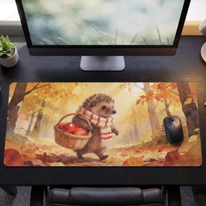 Hedgehog Autumn Desk Mat, Red Apples Scarf Forest Mouse Pad, Warm Storybook Watercolor Desk Pad, Hedgehog Lover Gift