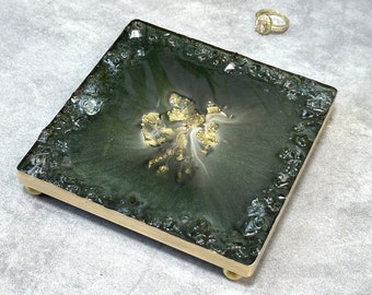 5x5 Green Gold Handmade Perfume Tray Decor with Glass Rim, Decor Tray for Home, Jewelry Tray Gift for Her Classy Gift for Women Green Decor