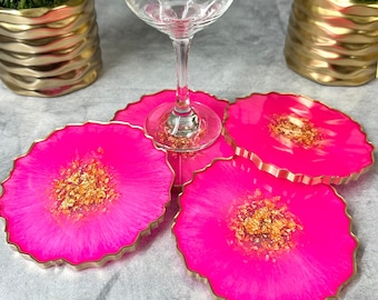 Hot Pink and Gold Coasters Decorative Candle Holders Pink Living Room Table Decor Dining Decor Hot Pink Resin Coasters Gift for Her Hot Pink