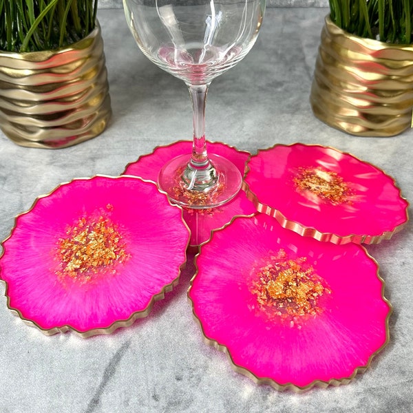 Hot Pink and Gold Coasters Decorative Candle Holders Pink Living Room Table Decor Dining Decor Hot Pink Resin Coasters Gift for Her Hot Pink