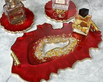 Classy Perfume Tray for Dresser Red Vanity Tray Gift for Her Red Decor Tray with Matching Coasters Red Gold Best Gifts For Women Gifts