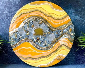 Yellow and Gold Handmade Textured Wall Art, Unique Wall Art, Vibrant Living Room Artwork, Crystal Wall Hanging, Yellow Geode Art
