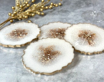 Pearl White and Gold Coaster Set Large Resin Coasters Wedding Coasters Wedding Table Decor White Kitchen Decor Coaster Serving Set