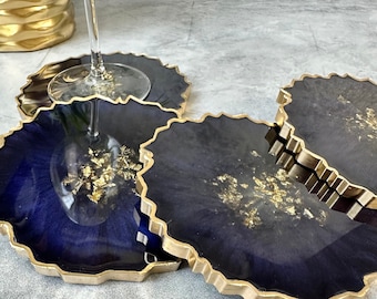 Navy and Gold Coaster Set Decor for Dining Table Coasters Navy Kitchen Decor Living Room Decor Navy Coaster Set Handmade Epoxy Resin Coaster