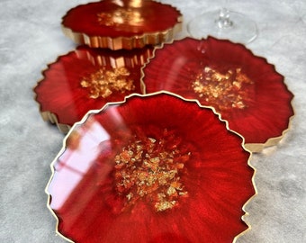 Red and Gold Coaster Set Large Coasters Housewarming Decor Red Coaster Gift Set Gold Accent Decor Birthday Gift Wine Coasters Red