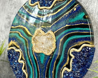 Royal Blue Resin Geode Wall Art Round Wall Decor Epoxy Art for Home Decor Blue Gold Wall Art Circular