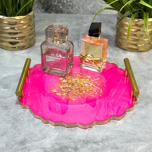 Bandeja de perfume rosa fuerte y dorada Posavasos rosa fuerte Decoración de mesa de sala de estar rosa Decoración de comedor Posavasos de resina rosa Regalo para ella Rosa fuerte