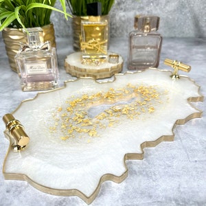 Handmade Iridescent Perfume Tray for Dresser Vanity Tray Gift for Her Housewarming Gift Resin Tray with Matching Coasters Iridescent Gold
