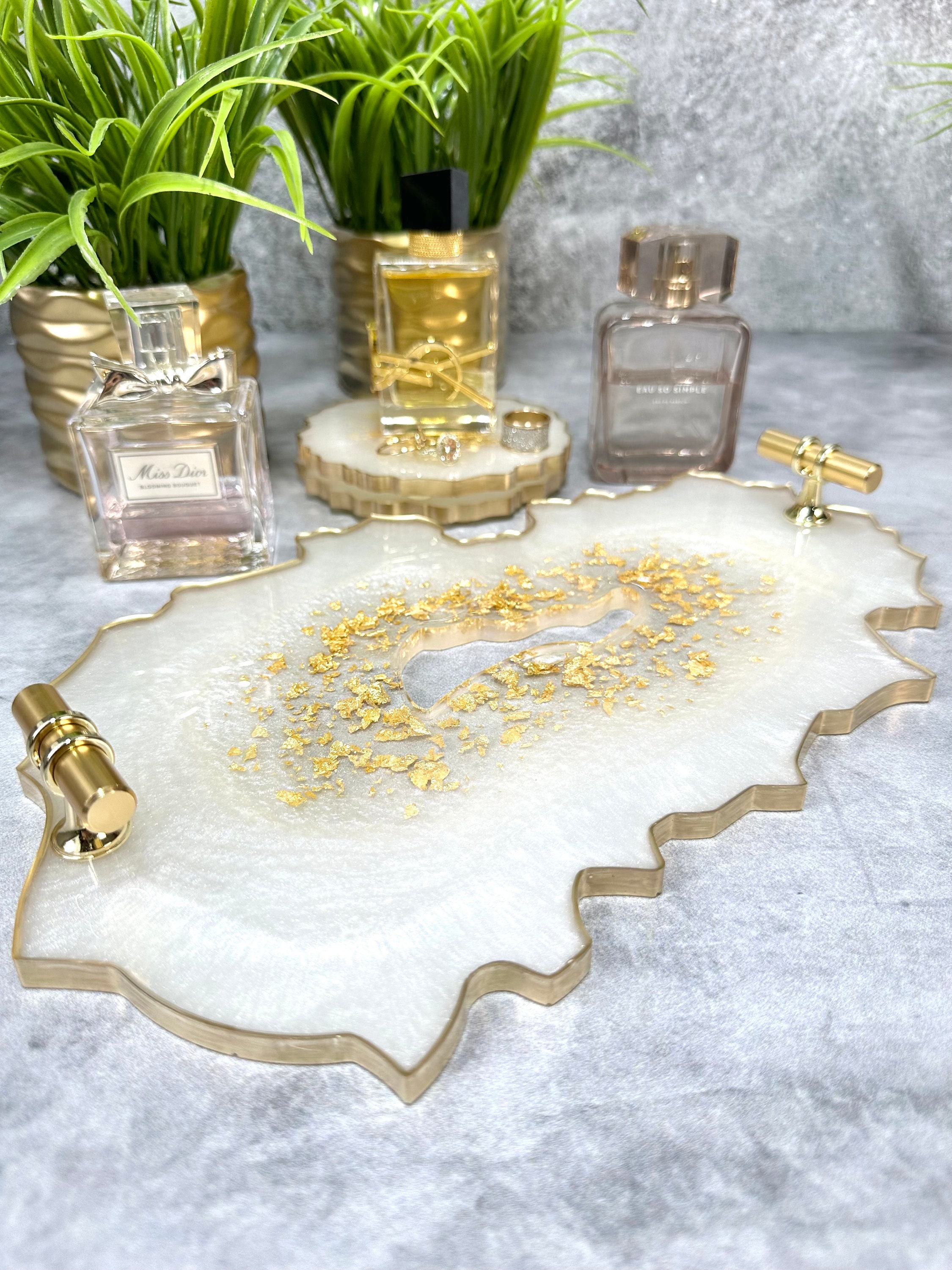 Delicate Gold, Gray and White Resin Marble Effect Tray With