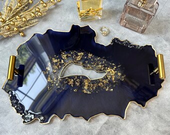 Navy Decorative Tray Handmade Perfume Tray for Vanity Elegant Cosmetic Tray Navy and Gold Decor Tray Modern Jewelry Tray Home Decor Tray