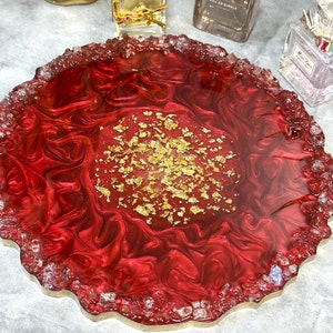 XL Handmade Vanity Tray, Red and Gold Home Decor Tray, Large Decorative ...