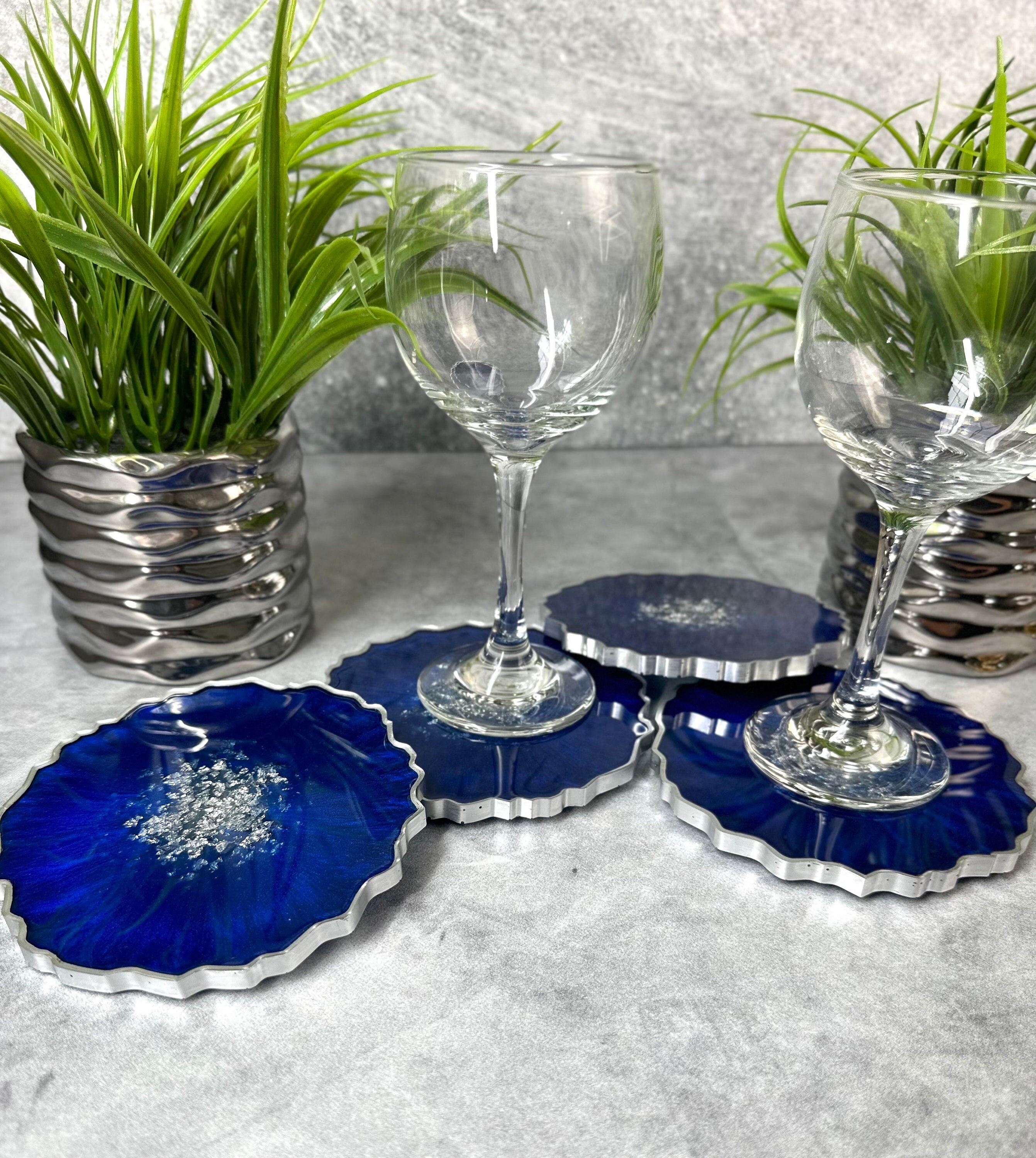 Royal Blue Silver Epoxy Coaster Set Blue Home Decor Resin Coasters Blue Dining Decor Coffee Table Decor Coaster Blue Kitchen Decor