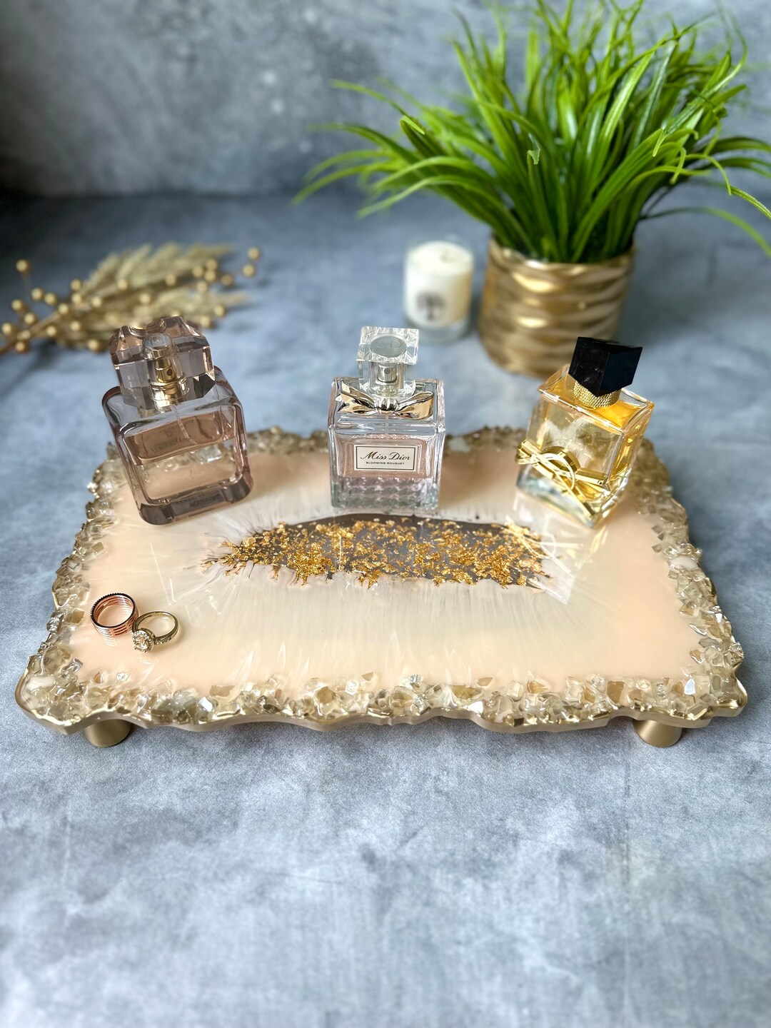 Handmade Vanity Tray Perfume Tray Decor Tray With Glass Rim Resin Tray