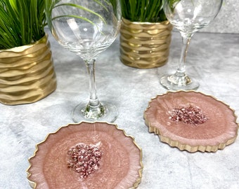 Pink and Gold Resin Coaster Set of Two Perfume Mini Tray Pink Jewelry Dish Jewelry Display Decorative Coasters Living Room Table Decor Pink