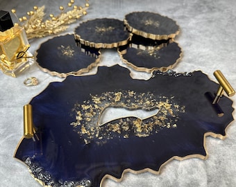 Handmade Vanity Tray with Handles Navy and Gold Perfume Tray Navy Decor Tray Gift for Her Housewarming Gift Resin Tray with Coasters