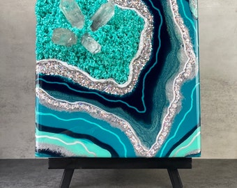 Teal and Silver Mini Geode Resin Art Decor Crystal Lover Gift for Her Art for Bookshelf Teal Decor Silver