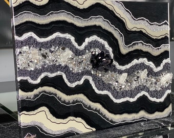Black Geode Wall Art, Black Textured Wall Decor, Crystal Art Wall Hanging Black, Unique Handmade Artwork By Artist, Housewarming Art Gift