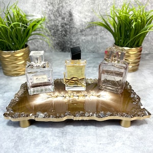 Bandeja dorada-Bandeja dorada-Bandeja de perfume-Bandeja de tocador para  accesorios de tocador y decoración de habitación dorada, bandeja de espejo